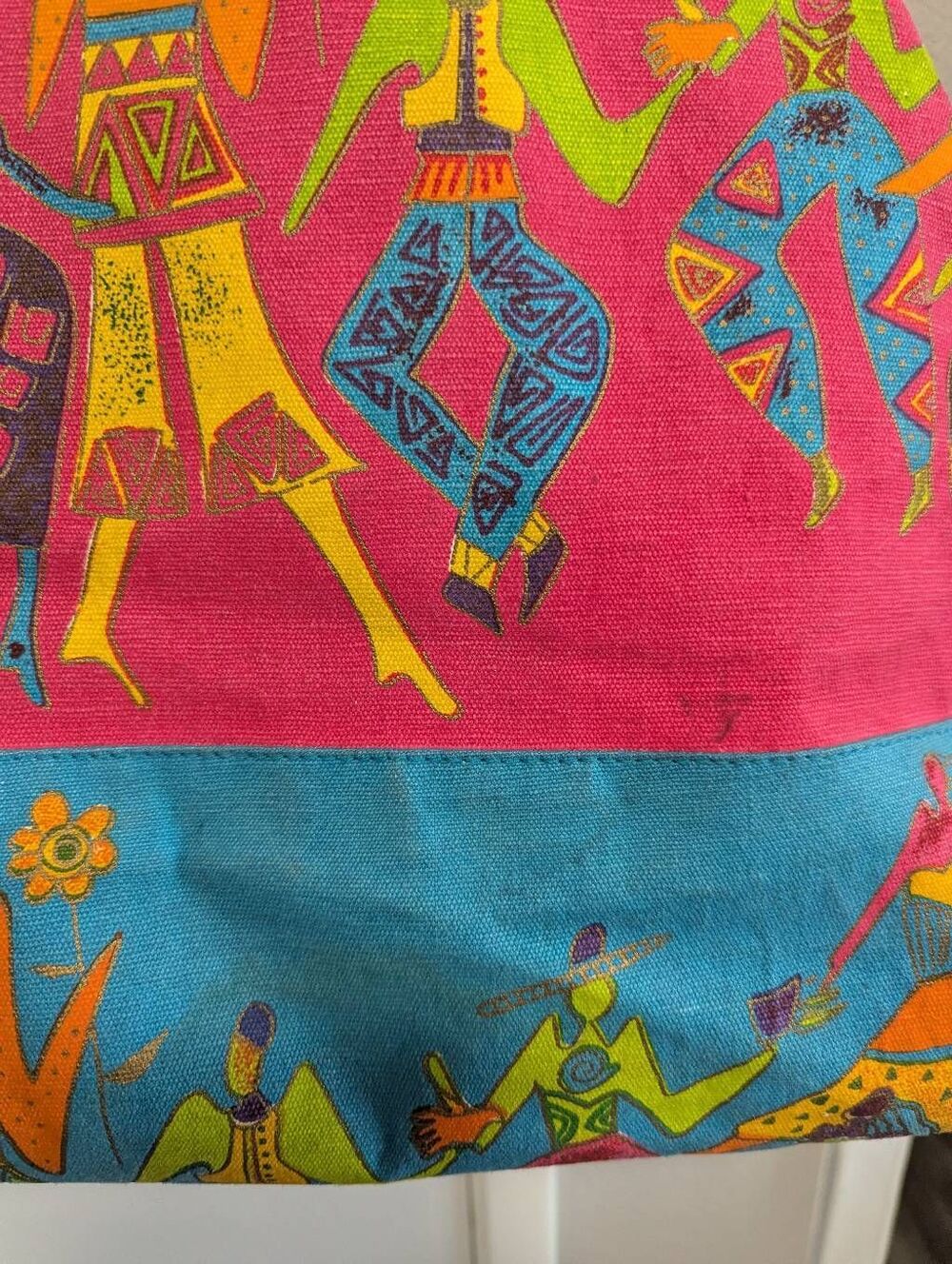 90s Laurel Burch multicolor dancing people large duffle overnight beach bag - Picture 9 of 10